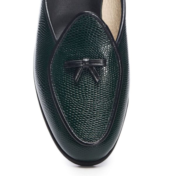 8977.2TVLETT_GrnLiz_Blk_1871 Green textured loafer with bow